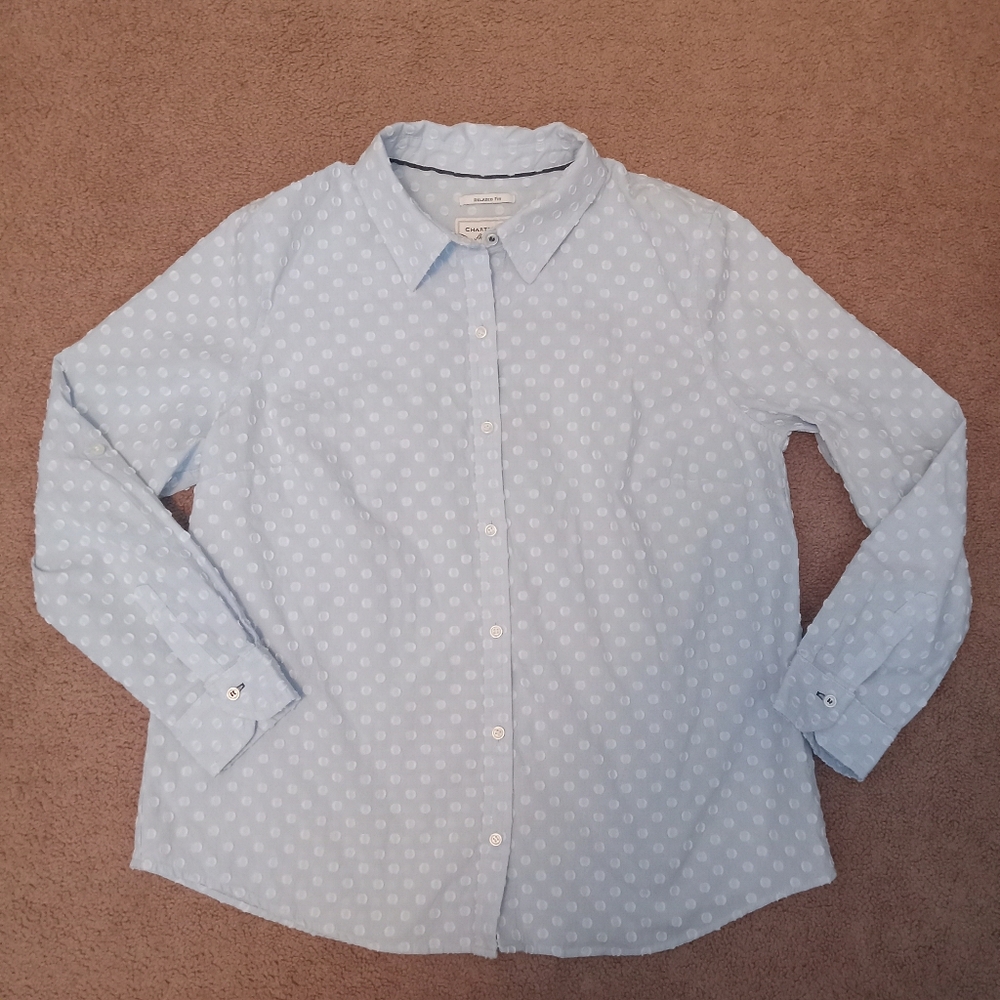Charter Club Shirt Shop  Long Sleeve Cotton Blouse Button Up Blue & White  12P